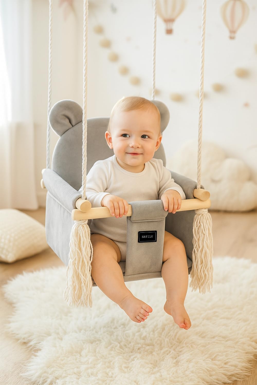 NATILU® Babyschaukel Set mit Sicherheitsgurt Haken Ringe Bär Grey Velvet | Schaukel Baby Indoor Outd