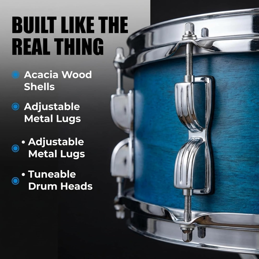 Music Alley Junior Drum Kit for Kids with Kick Drum Pedal, Drum Stool & Drum Sticks - Blue Blue Sing