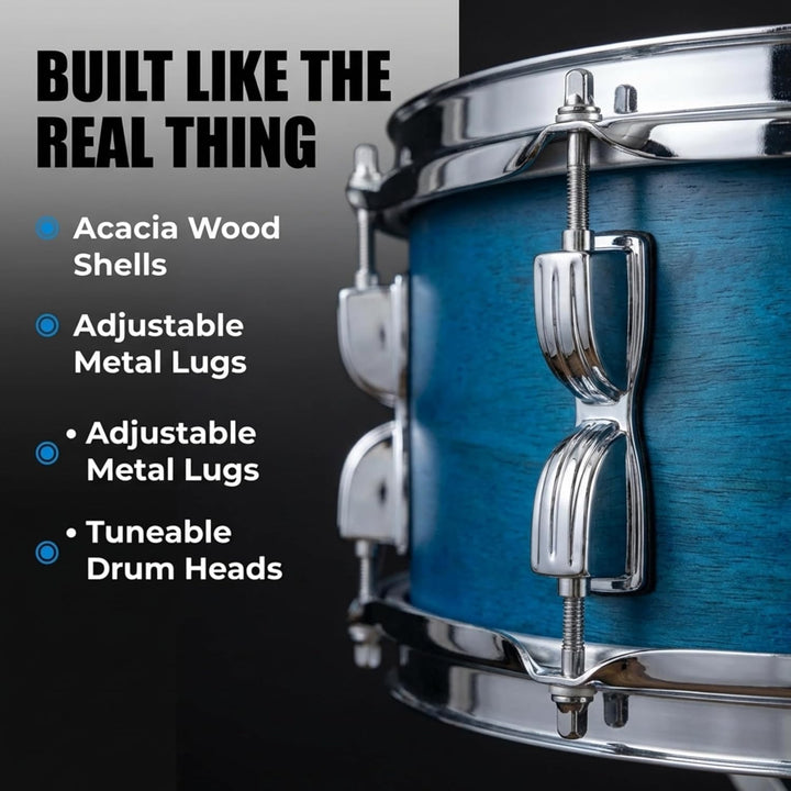 Music Alley Junior Drum Kit for Kids with Kick Drum Pedal, Drum Stool & Drum Sticks - Blue Blue Sing