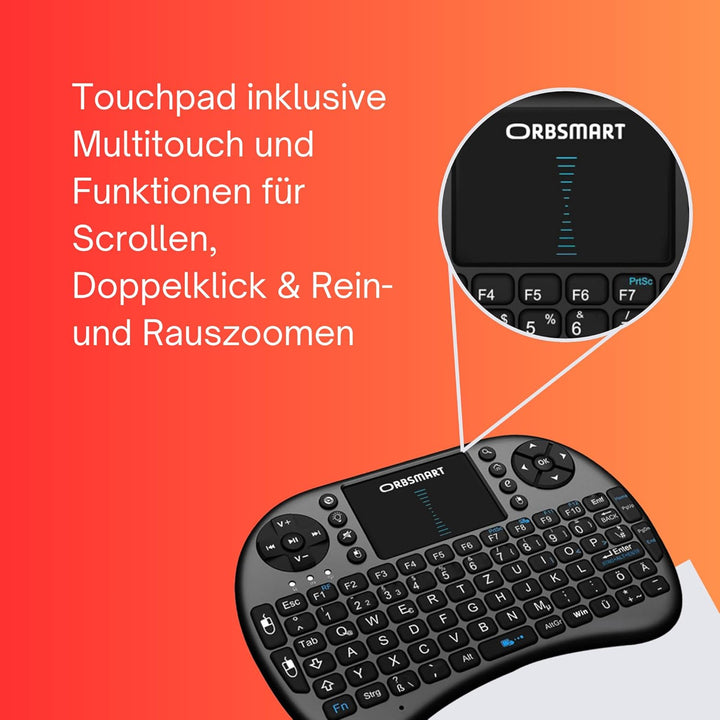 Orbsmart AM-2 kabellose Mini-Tastatur mit integrierten Touchpad/Wireless Keyboard inkl. deutsches Ta