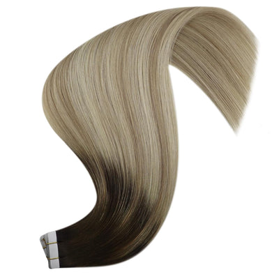 YoungSee Extensions Echthaar Tape Balayage 30cm Tape Extensions Echthaar Dunkelbraun Ombre Braun Blo