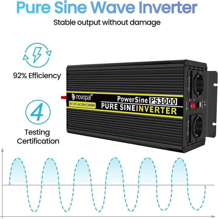 NOVOPAL 3000W Wechselrichter 12v Auf 230v Reiner Sinus Spannungswandler mit 2 EU-Steckdose und Einer