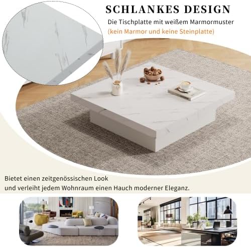 Merax Couchtisch 90x90 cm – Weisser Sofatisch mit eleganter Marmor-Optik und 4 Schubladen, Schiebbar
