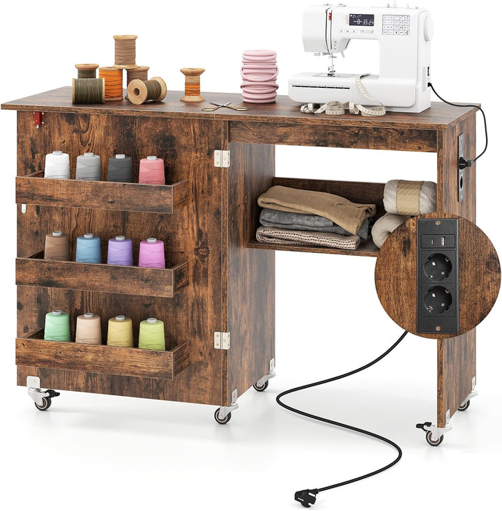 COSTWAY 2 in 1 Nähtisch klappbar mit Ladestation, Nähmaschinenschrank aus Holz mit Regalen, Nähschra