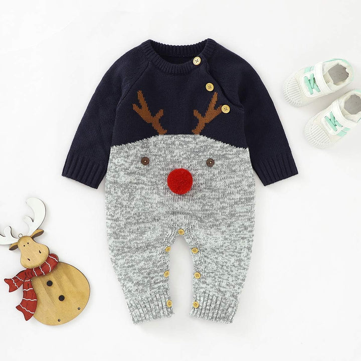 Neugeborenes Baby Mädchen Jungen Weihnachten Outfit Langarm Strick Strampler Overall Rentier Print B