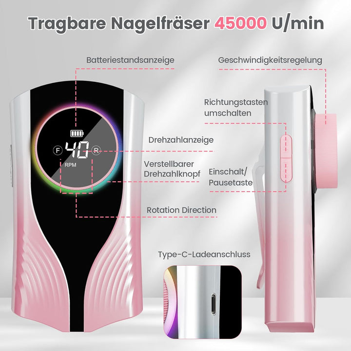 Elektrische Nagelfräser mit LCD-Display, 35000 U/min Tragbar Nagelfeile für Acryl und Gelnägel, Gerä