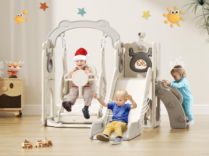 Krovtoy 6-in-1-Kleinkindrutsche, Kleinkindrutsche mit Weihnachtselchmotiv und Schaukelset, Babyrutsc