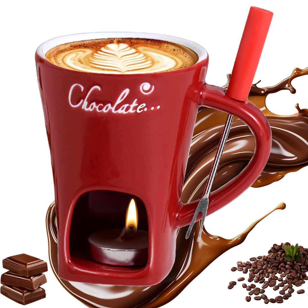 Schokoladen Fondue Becher Set, 200 ml Keramik Schokoladenfondue Tasse, Rot Schokofondue Tasse mit Ga