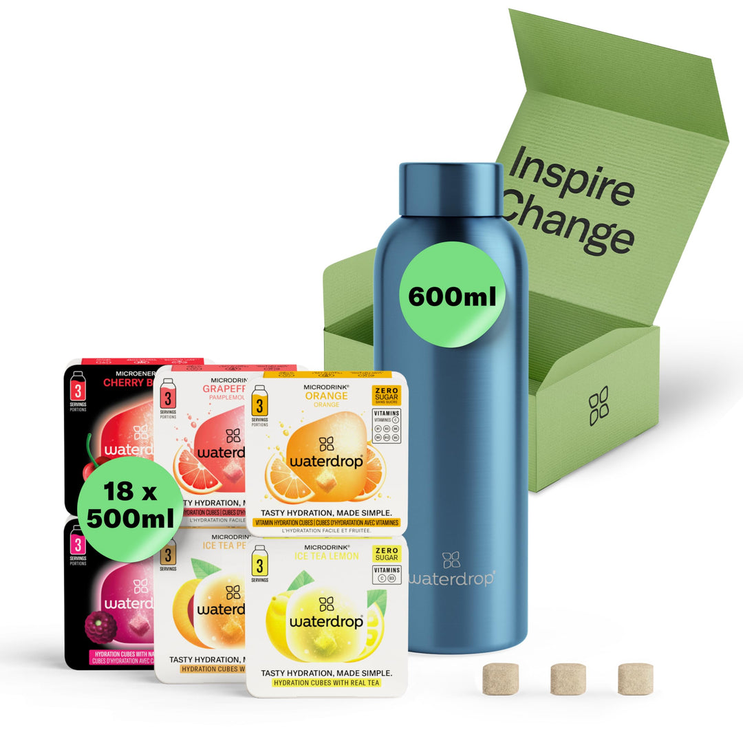 waterdrop® Starter Set - 600ml Trinkflasche mit Geschmack inkl. 18 zuckerfreie Drops - Geschenk für