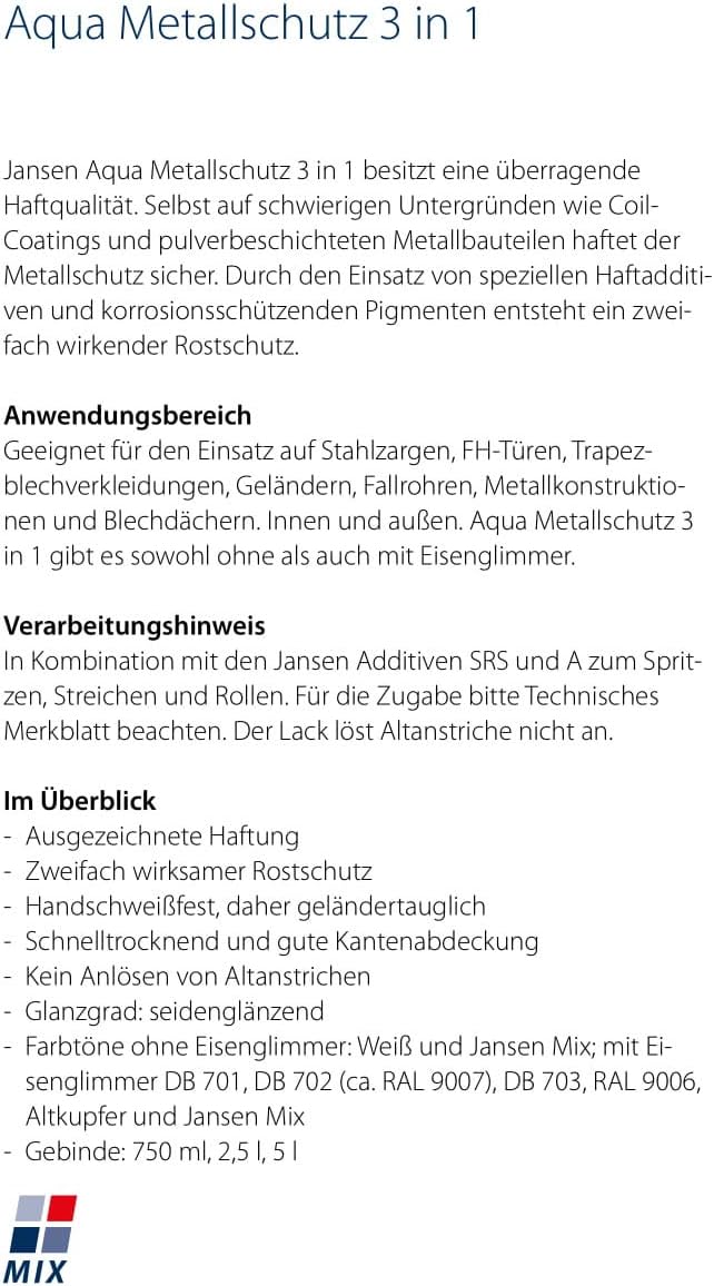 Jansen Aqua Metallschutz 3in1 (RAL 9006) 0,75l 0,75 Liter Ral 9006 - Weissaluminium, 0,75 Liter Ral