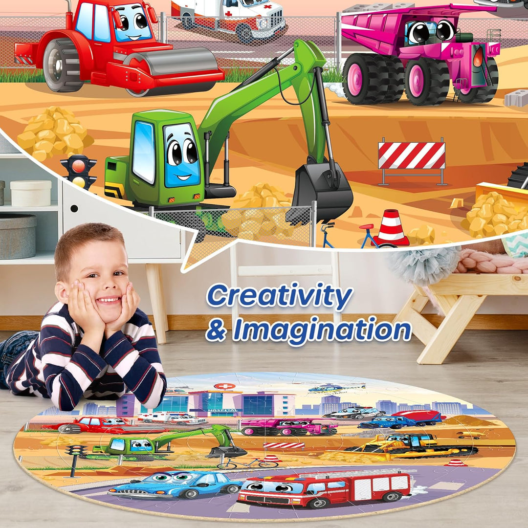 SYNARRY Grosse Fahrzeuge Boden Puzzle für Kinder ab 3 4 5 6 7 8 Jahren, 70 Teile Kinderpuzzle Bagger
