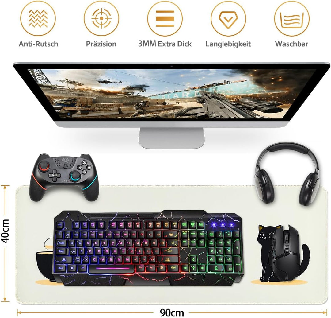 Zindoo Gaming Mauspad XXL 900 x 400 mm– Niedliches Mousepad mit Katzen & Teetassen – rutschfeste Sch