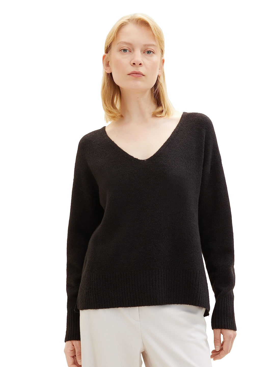 TOM TAILOR Denim Damen Basic Pullover mit V-Ausschnitt L 14482-deep Black, L 14482-deep Black