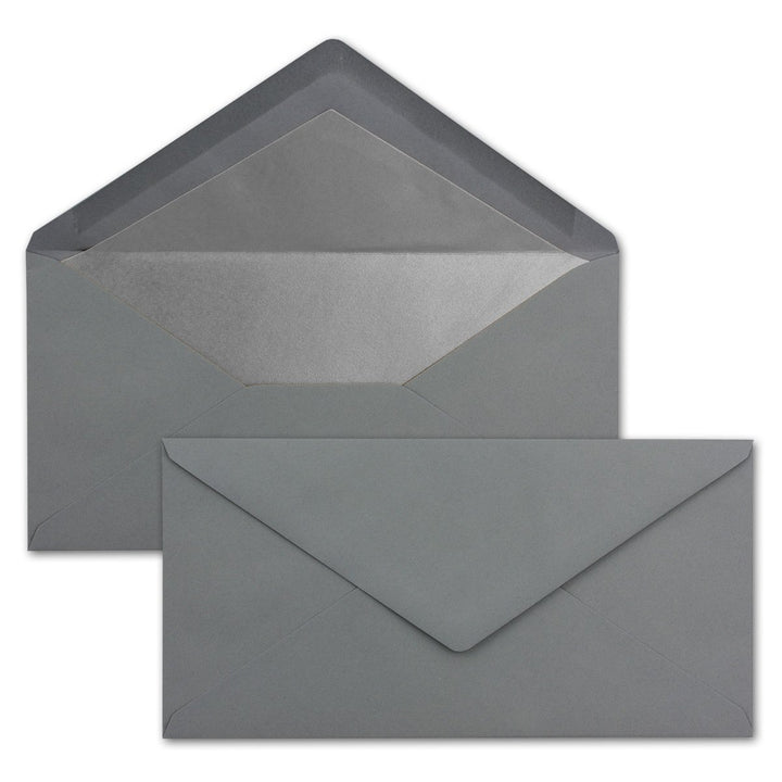 75 Brief-Umschläge DIN Lang - Graphit/Dunkel-Grau mit Silber-Metallic Innen-Futter - 110 x 220 mm -