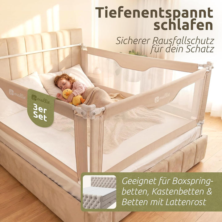 Mallie® Rausfallschutz Boxspringbett 200x200cm Elternbett Beige | 3-seitiges Set mit MALLIEFIX 2.0 C