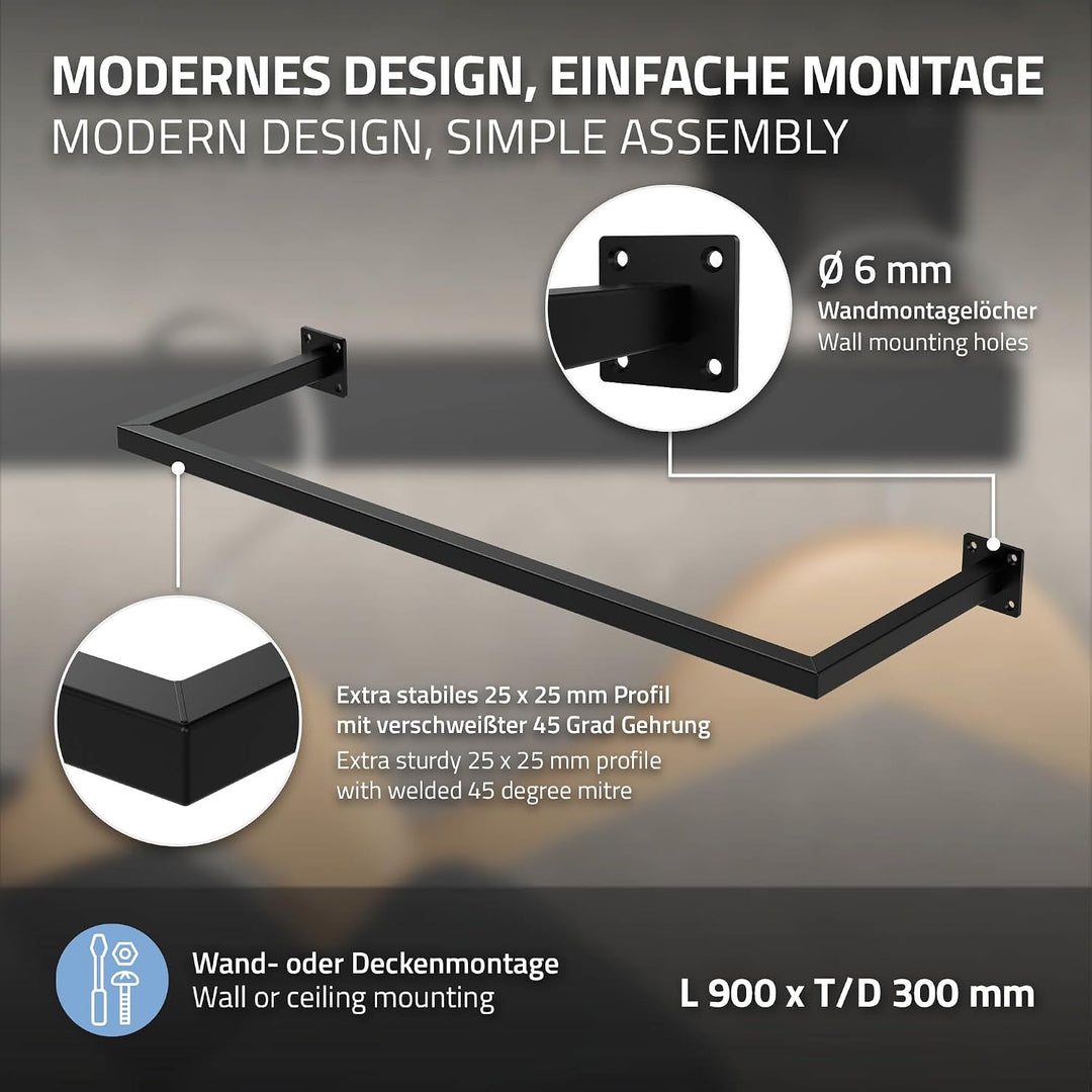 ML-Design Kleiderstange Rechteck für die Wand, T30cm x B90cm, Schwarz, aus Stahl, rostfrei, Garderob