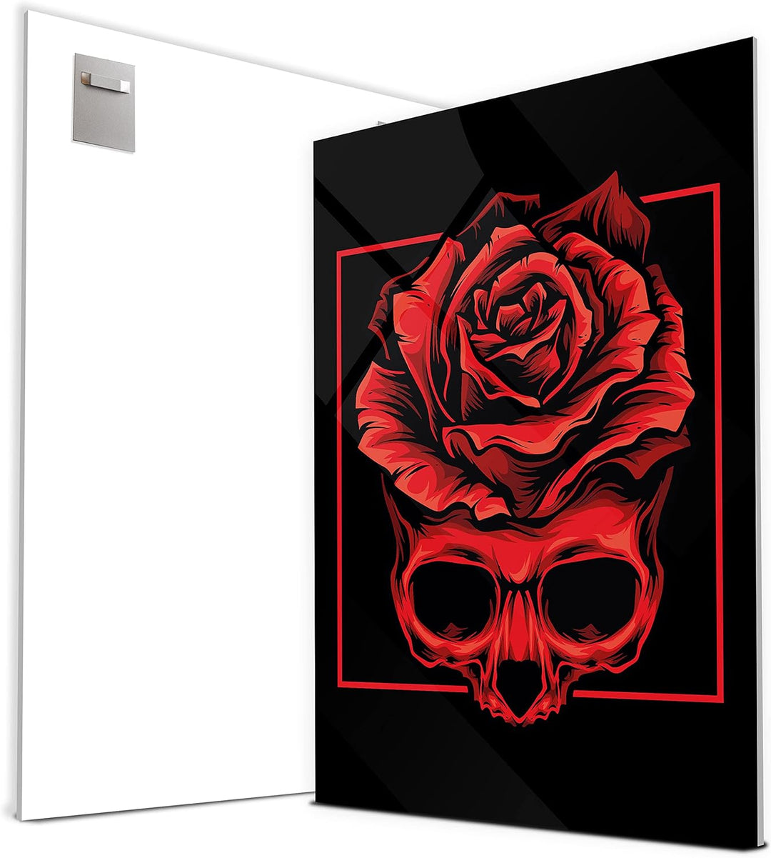 wandmotiv24 Totenkopf Wandbild aus Acrylglas, Grösse 80x60cm, Hochformat, Schädel mit Rose & Rechtec