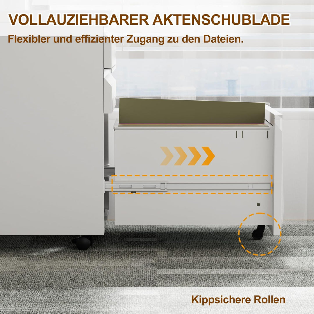 Rollcontainer, Aktenschrank Abschliessbar mit 4 Schlüsseln, Aktenschrank unter Schreibtisch, mit 3 S