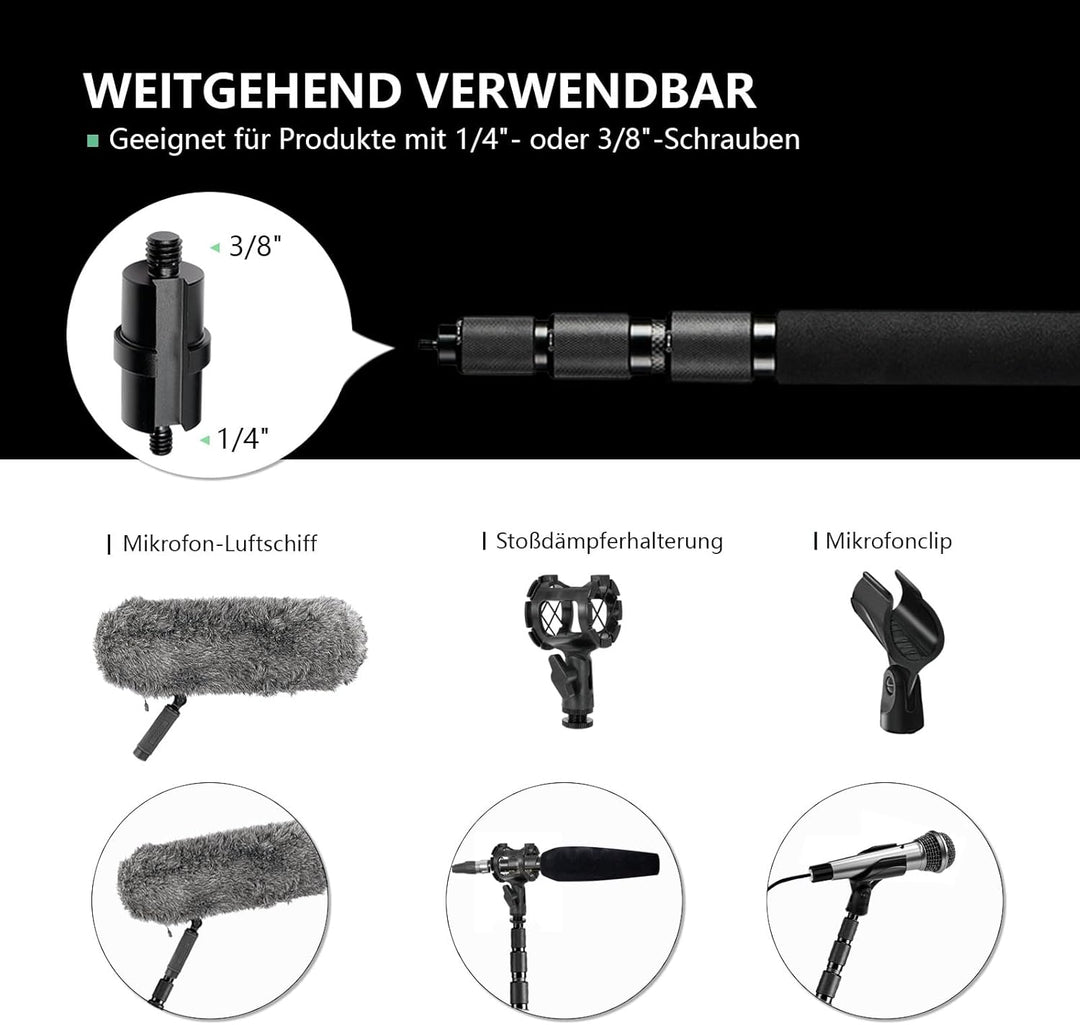 RAUBAY Mikrofon-Galgenarm, 3-teilig, ausziehbar, Handmikrofon-Galgenstange mit 1/4"- und 3/8"-Schrau
