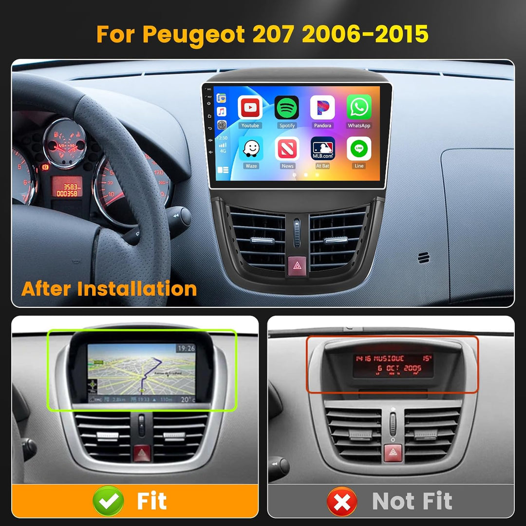 Hikity 2G+64G Autoradio Android 15 für Peugeot 207 2006-2015 mit 9-Zoll-Touchscreen, 2-DIN-Stereo mi