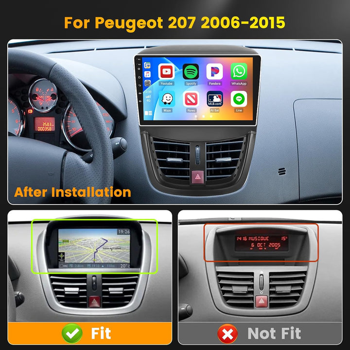 Hikity 2G+64G Autoradio Android 15 für Peugeot 207 2006-2015 mit 9-Zoll-Touchscreen, 2-DIN-Stereo mi
