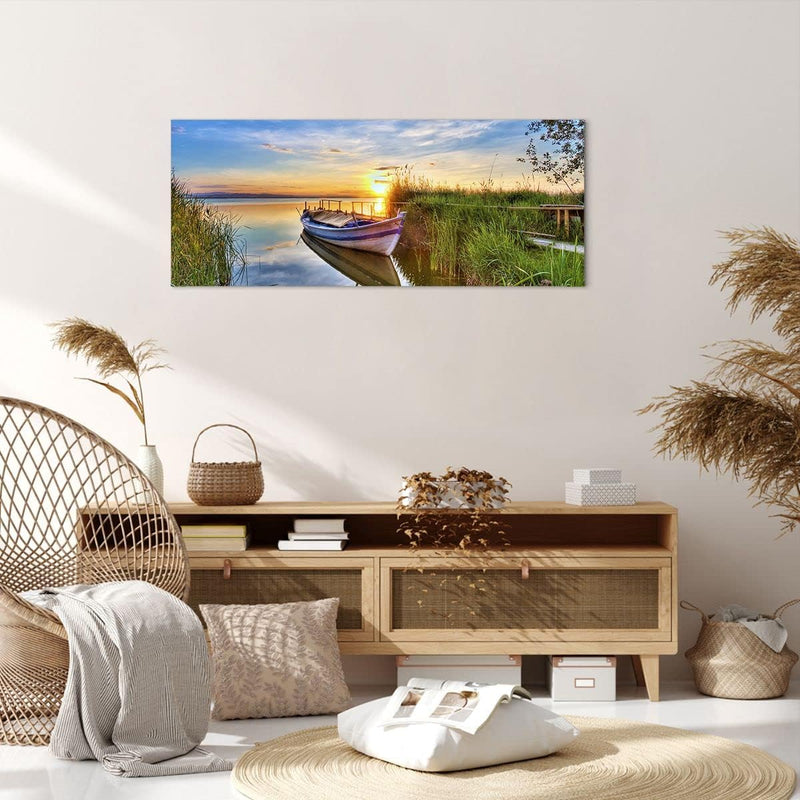 Panorama Bilder auf Leinwand 100x40cm Leinwandbild mit Rahmen See Boot Wasser Gross Wanddeko Bild Sc