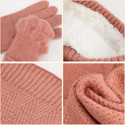 Damen Bommelmütze Schals Handschuhe Set Thermo Winter Warm Strickmütze Halswärmer und Touchscreen Ha