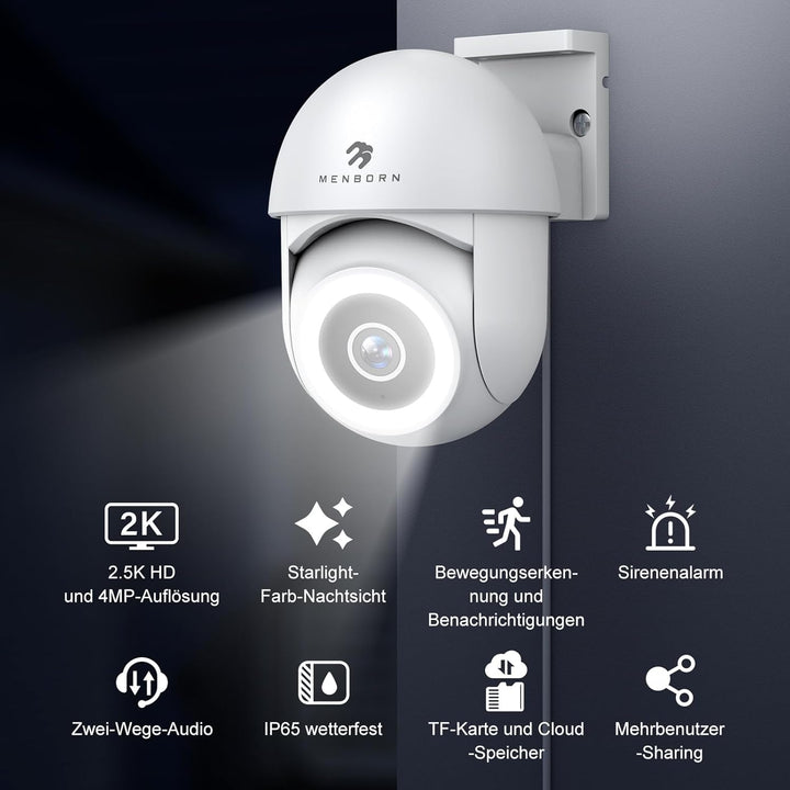 Menborn Überwachungskamera Aussen 2.5K/4MP, Aktualisierte Kamera Überwachung 360° mit Starlight Farb