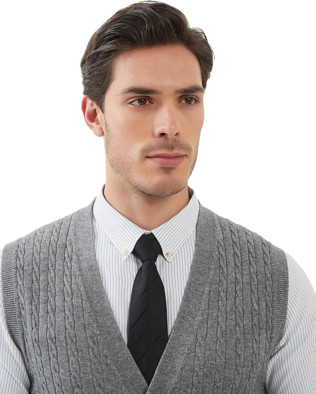 Kallspin Herren Strickweste Ärmellos Cardigan Wollmischung mit Zopfmuster und Knöpfen L Hellgrau, L