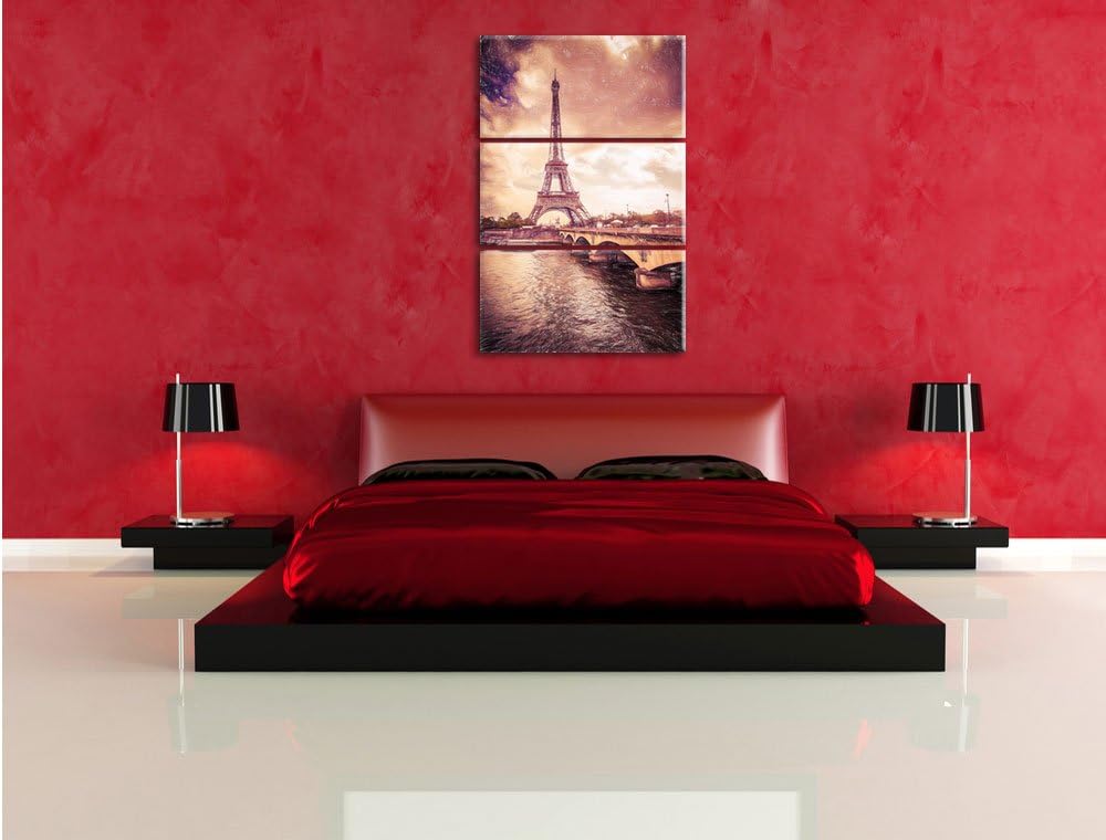 Pixxprint Eiffelturm in Paris / 3-Teilig/Gesamtmass 120cm Leinwandbild bespannt auf Holzrahmen/Wandb