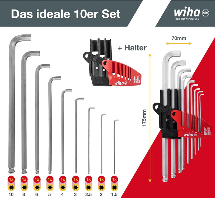 Wiha Stiftschlüssel Set mit ProStar Halter (35480) 10tlg. I Innensechskant Satz Kugelkopf I Innensec