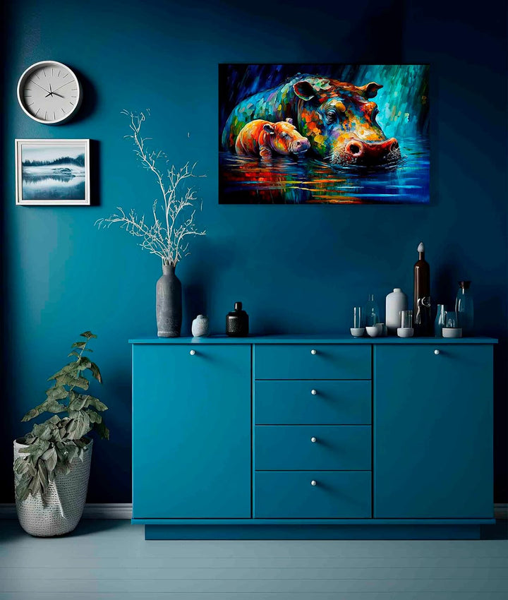 Artley Prints - Nilpferd im Teich mit Kleinkind Abstrakt Leinwandbilder für Wohnzimmer, Schlafzimmer