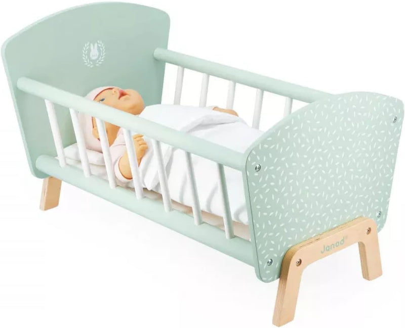 JANOD Zen Bett aus FSC-Holz-Rollenspielzeug-Puppenbett mit Hasen-Kopfkissen und Decke-Puppenzubehör-