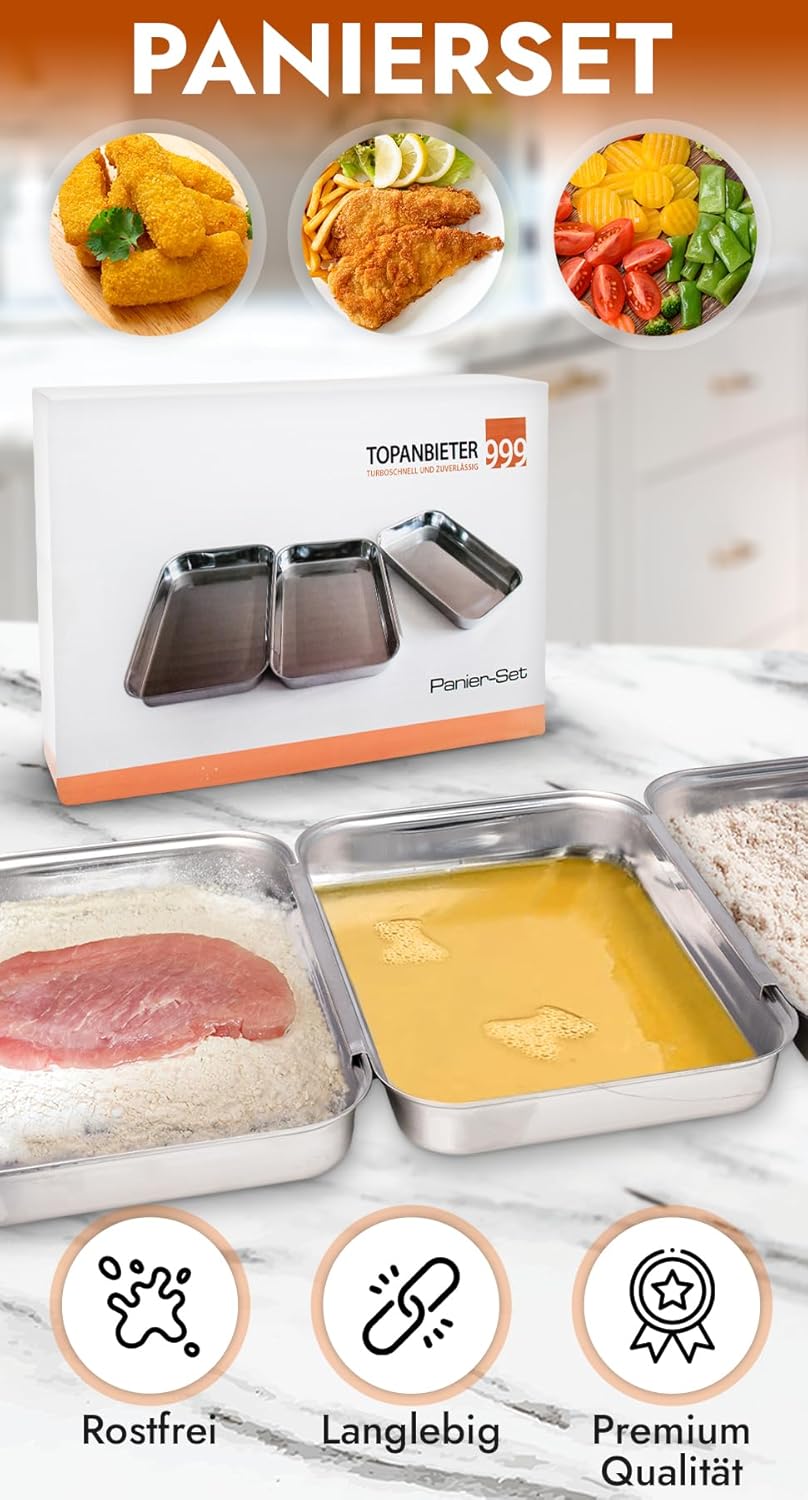 TOPANBIETER 999 Panierschalen Set Edelstahl 3-teilig – Panierset zum Panieren von Schnitzel, Fleisch