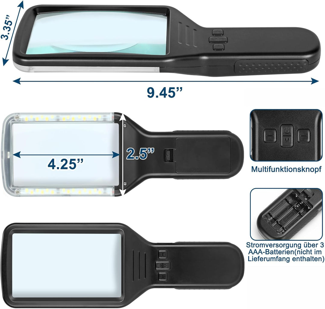 15-fache Leselupe mit Licht, GrossE Optisches Glas Handlupe, 3 Farbmodi, Led dimmbare beleuchtete Lu