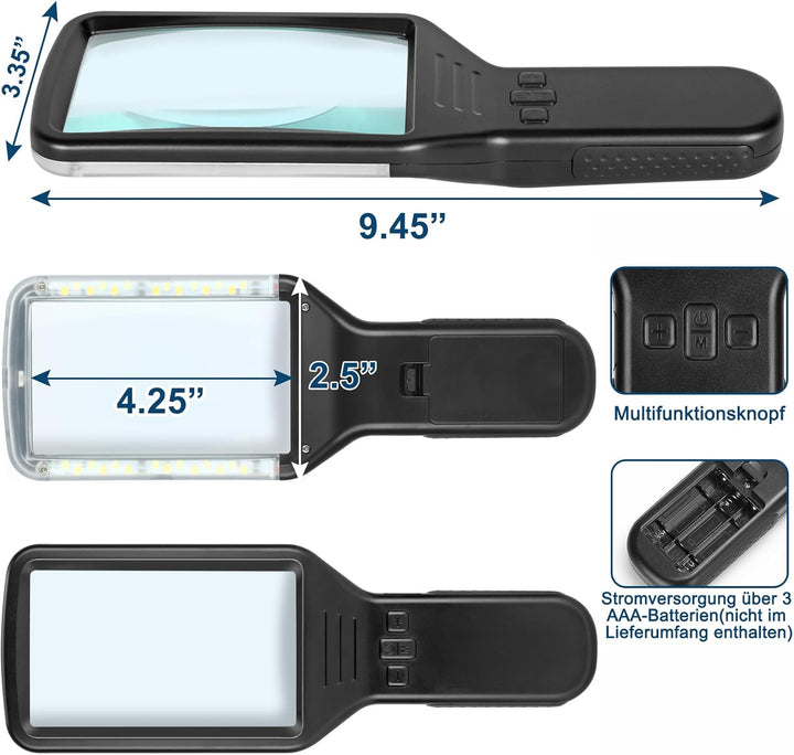 15-fache Leselupe mit Licht, GrossE Optisches Glas Handlupe, 3 Farbmodi, Led dimmbare beleuchtete Lu
