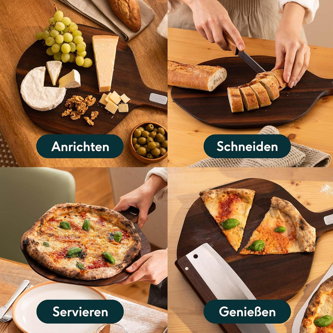 SILBERTHAL Pizzabrett 30 cm 2er Set Akazienholz - 6-Eck-Design - Servierbrett mit ergonomischer Grif