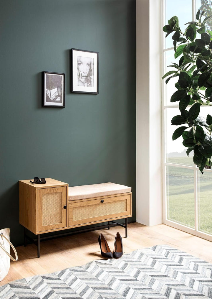 Wohnling Schuhbank mit Sitzfläche 100x60x38 cm Garderobenbank Eiche-Dekor, Sitzbank Rattan Klein Gep
