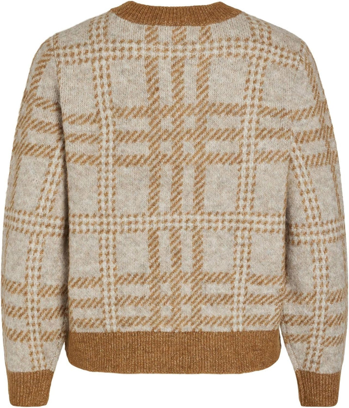 Vila Damen Vicilia L/S Check Knit Top/Su Strickpullover M Caramel Café/Checks:natural Melange/Birch,