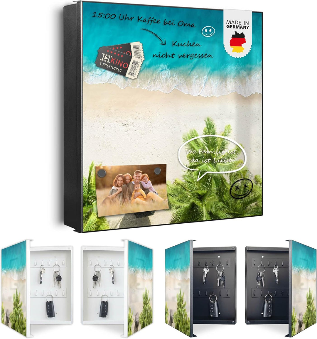banjado® Grosser Schlüsselkasten Glas/Schlüsselbox 30cm x 30cm mit 50 Haken - Motiv Strandtag/Schlüs