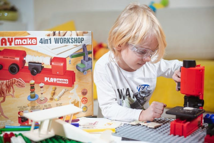 PLAYMAKE - 4in1 Workshop - Werkzeug Kinder - Holz-Bearbeitung Werken Basteln