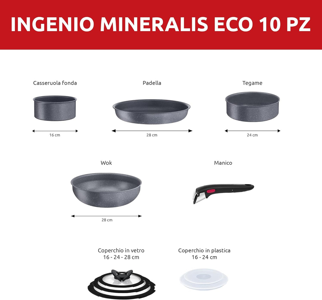 Lagostina Ingenio Mineralis Eco Antihaft-Pfannen-Set, 100% recycelt, 10 Stück, Kasserolle 16 cm, Pfa