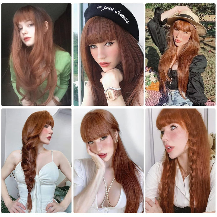 HAIRCUBE Lange Auburn Perücke mit Pony Layered Lockige Orange Perücken für Frauen Natürliche synthet