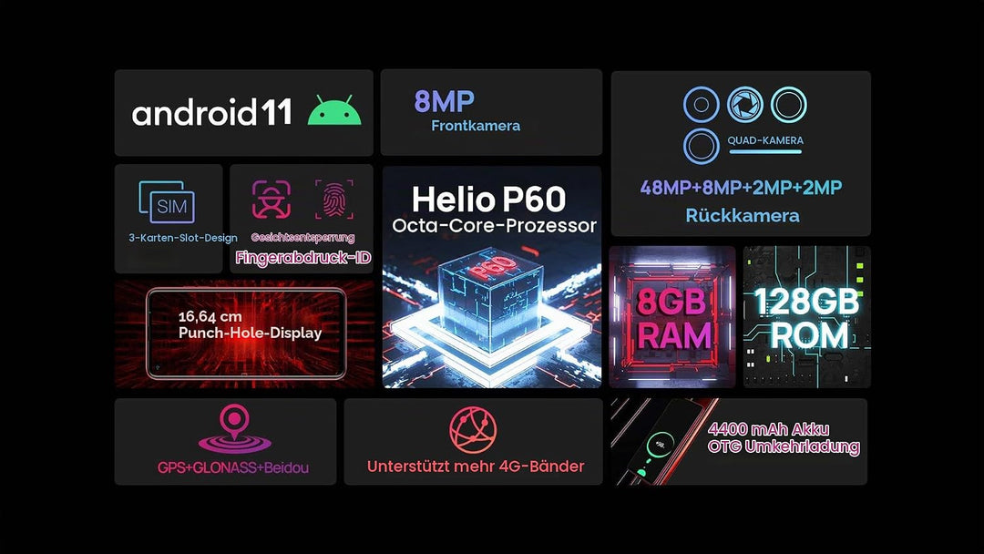 Ulefone Android 11 Smartphone ohne Vertrag, Note 11P 4G Handy, Helio P60 Octa-Core 8GB+128GB, Dual-S