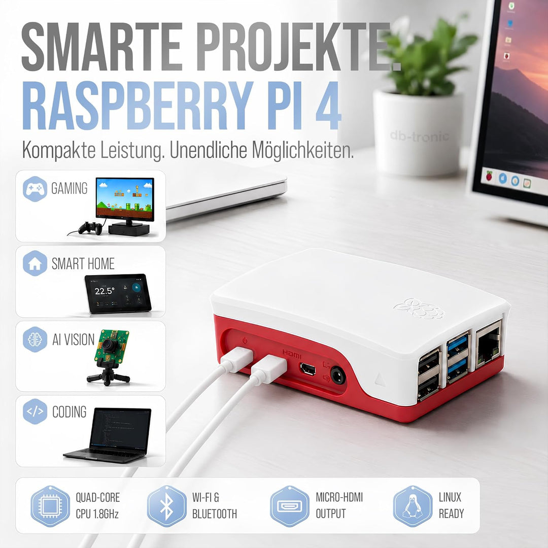Raspberry Pi 4 1GB Starter Set | 64GB Edition | Netzteil 15W | Gehäuse rot/weiss | 4k Micro HDMI Kab