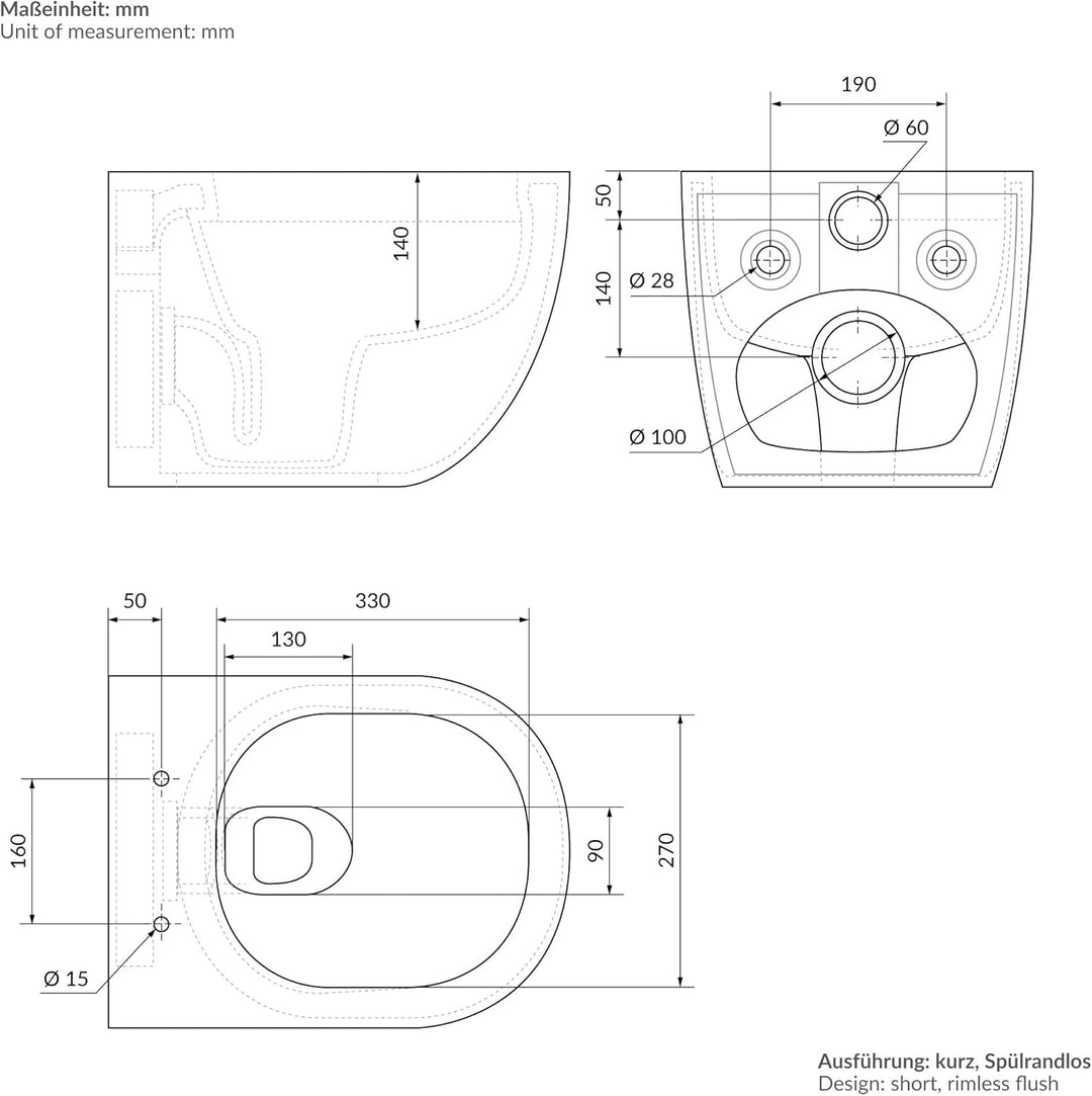 ECD Germany Hänge-WC kurz, spülrandlos, schwarz matt, Wand-WC mit WC-Sitz abnehmbar aus Duroplast So