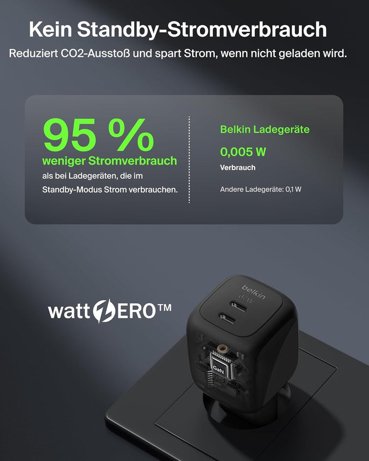 Belkin SmartProtect 2-Port USB C Ladegerät, 67W, GaN-Ladegerät, 2X USB-C, Schnellladen für Geräte wi