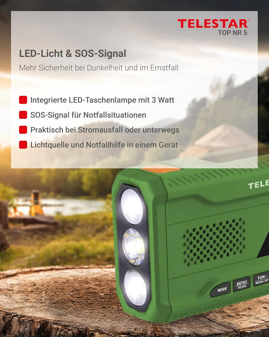 TELESTAR TOP NR 5 – Notfallradio (Kompaktes Kurbelradio, 4.000 mAh Akku, Solarpanel, Powerbankfunkti