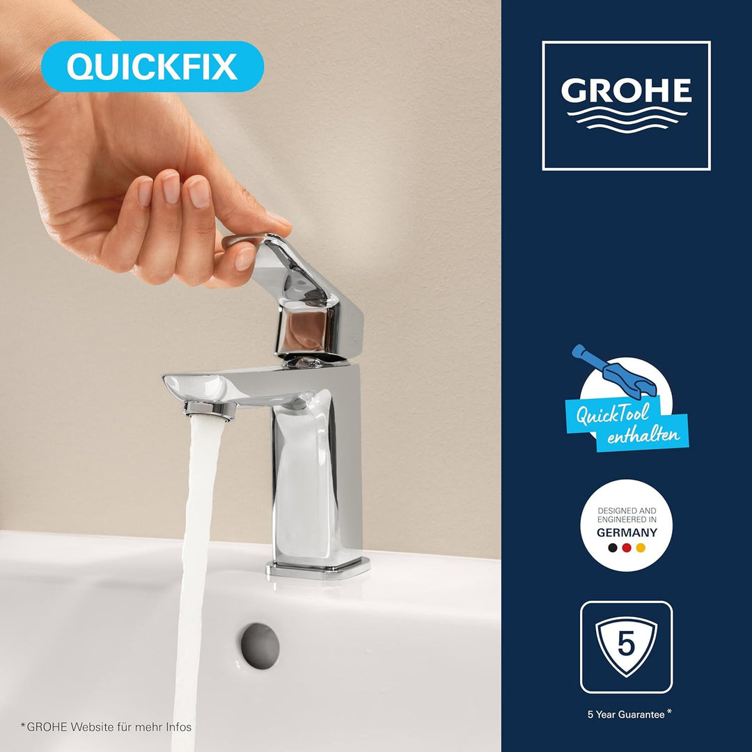 GROHE Dice, Waschtischarmatur, wassersparend (Wasserhahn für das Bad, Badarmatur mit Push-Open Ablau