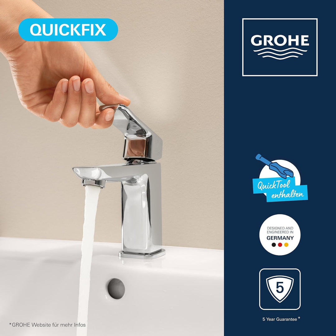 GROHE Dice, Waschtischarmatur, wassersparend (Wasserhahn für das Bad, Badarmatur mit Zugstangen-Abla
